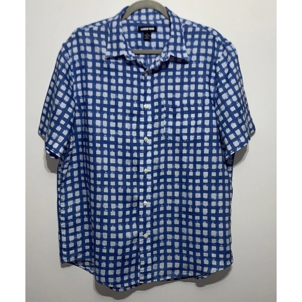 Lands End Button Up Shirt Men Large Blue Traditional Short Sleeve Gingham Linen